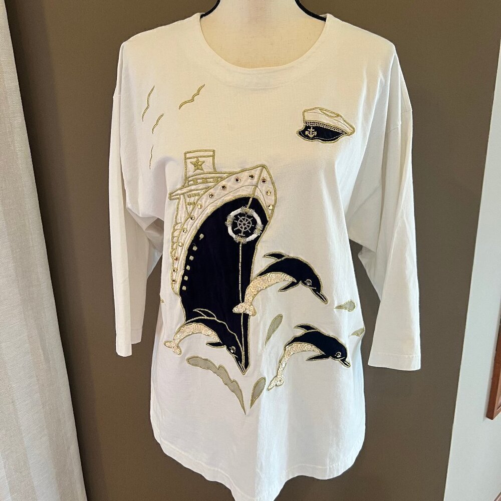 Vintage GrannyCore Nautical Drop Sleeve 3D Gardy Oversized Tee Top, Size M/L